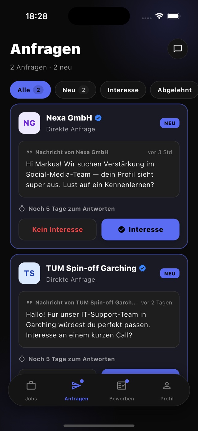winna-App: Anfragen von verifizierten Arbeitgebern