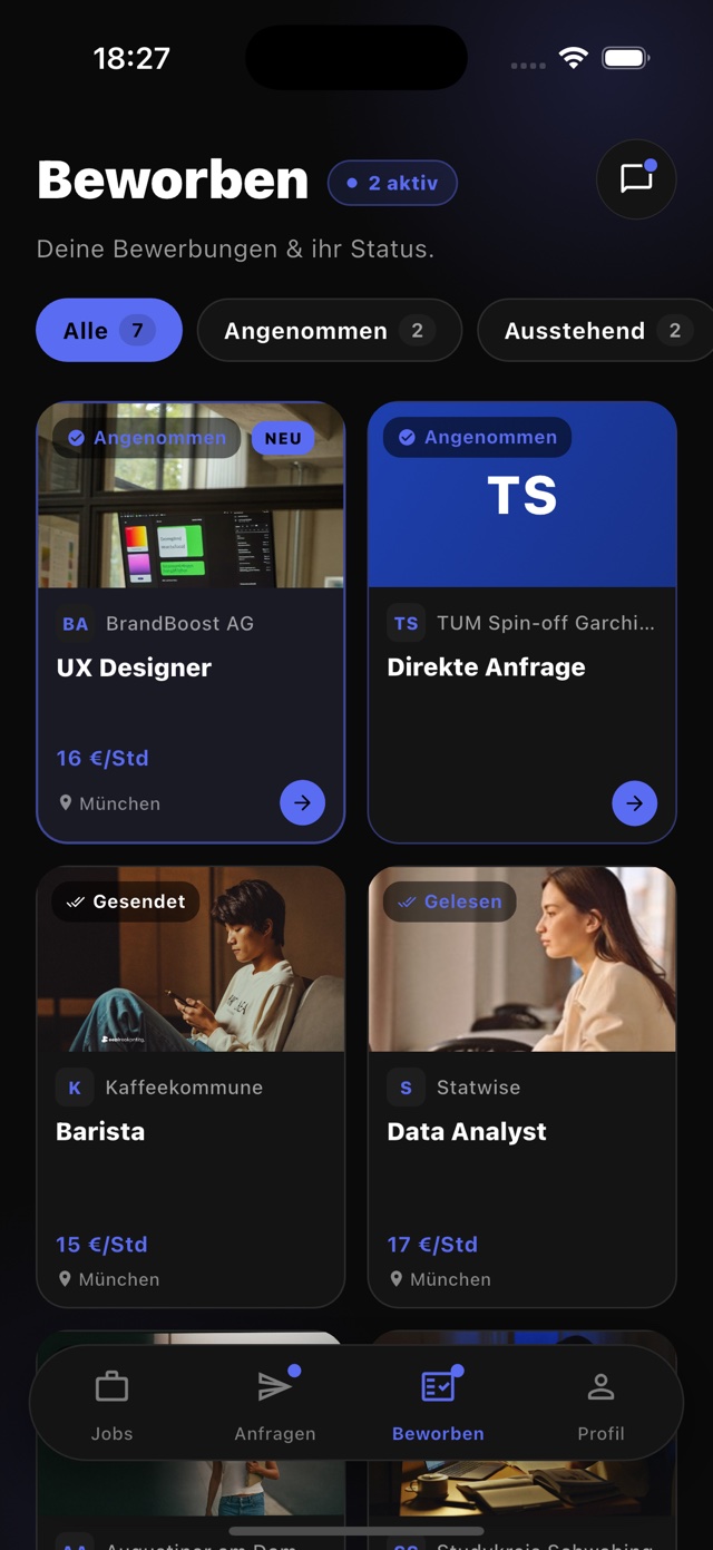 winna-App: Beworben-Übersicht mit Status jeder Bewerbung