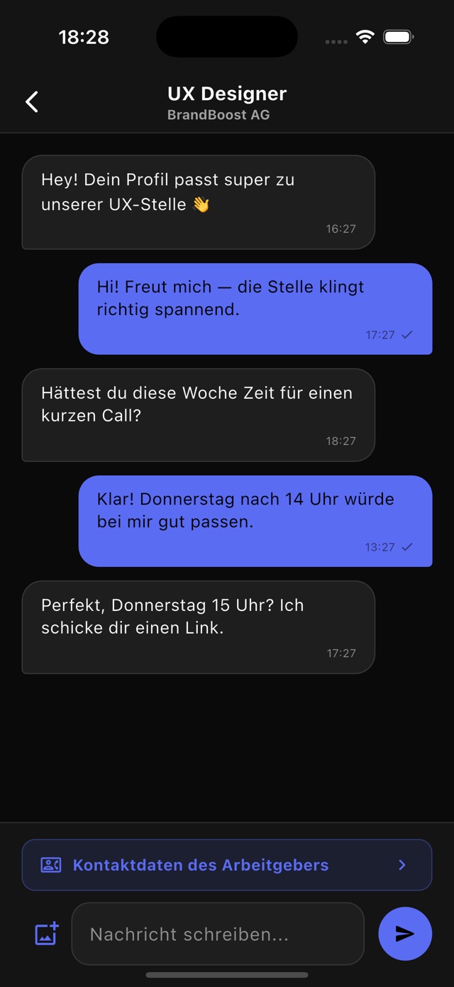 winna-App: Chat mit einem Arbeitgeber nach dem Match